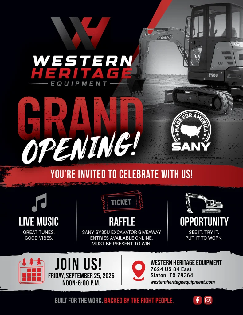 Western Heritage Equipment grand opening poster featuring a SANY SY35U excavator.